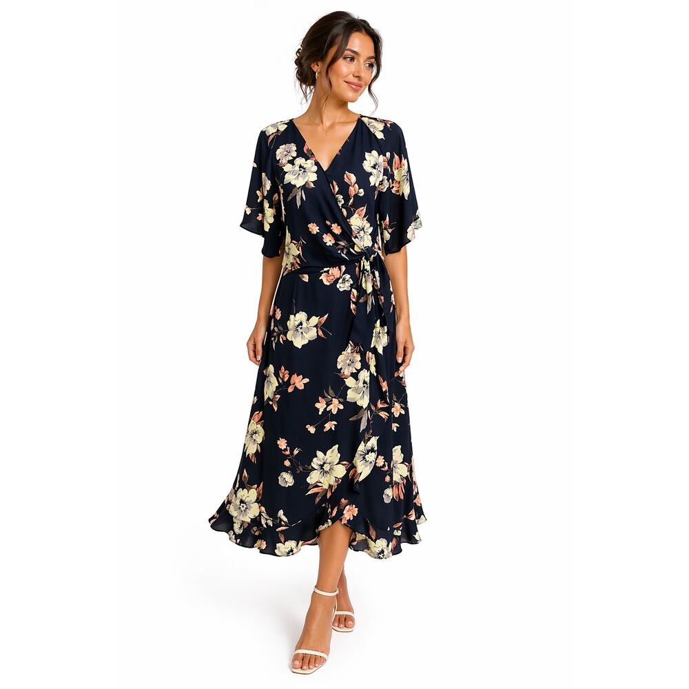 Sienna Sky Floral Midi Cocktail Dress Large Navy Faux Wrap Ruffle Wedding Guest